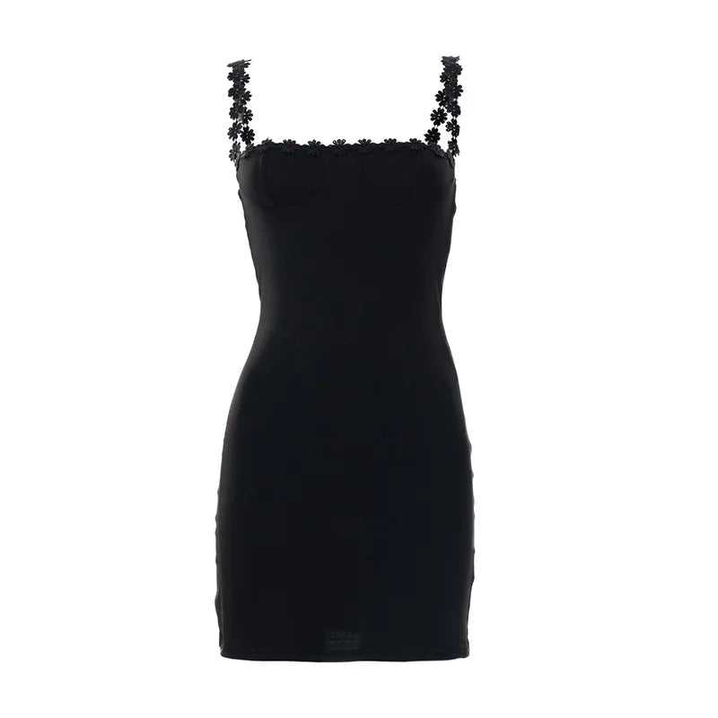 LIZAKOSHT  -  Lace Trim Slim Fit Bodycon Dress Sexy Spaghetti Strap Mini Dress with Waist Cinching Sleeveless Clubwear Party Dresses
