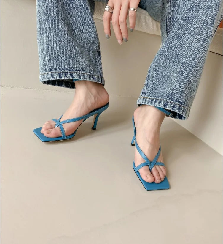 LIZAKOSHT  -  Women Genuine Leather Sandals Thin Heel Sandals High Heels Buckle Square Toe Ladies Footwear Summer Beige Black Red 39