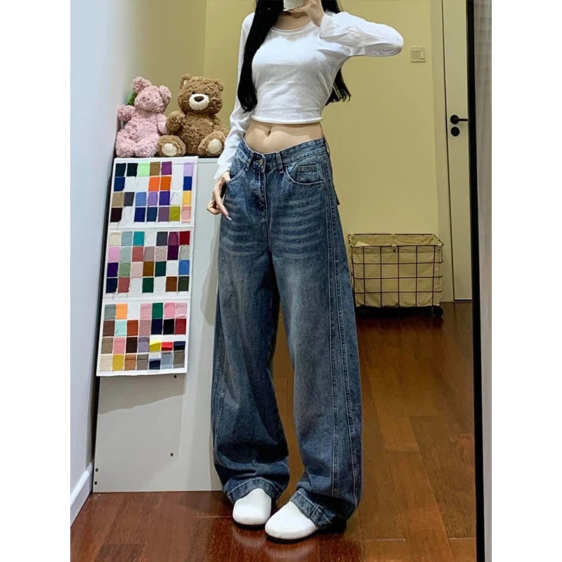 LIZAKOSHT  -  Washed Denim High Waist Wide Leg Jeans Women's Spring New Splicing Floor-Length Pants Retro High Street Style