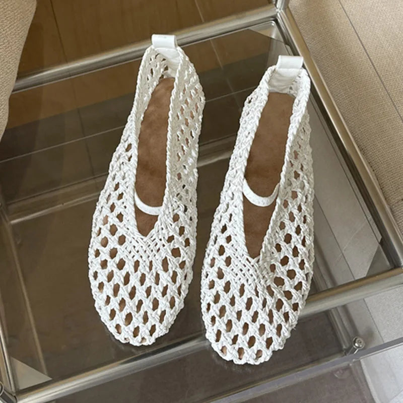 LIZAKOSHT  -  Summer Fashion Round Toe Weave Mesh Hollow Flat Women Loafers Slip On Female Casual Beach Shoes Sandals Zapatos De Mujer