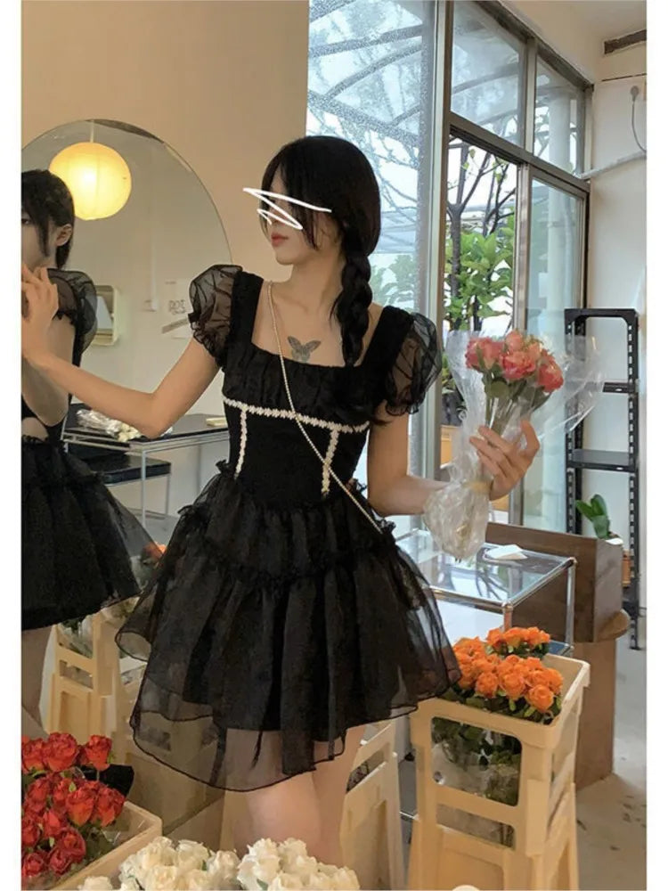LIZAKOSHT  -  Women Square Collar Patchwork Mesh Dress Puff Sleeve Plain High Waist Pullover Mini Dresses Female Summerblack party dress