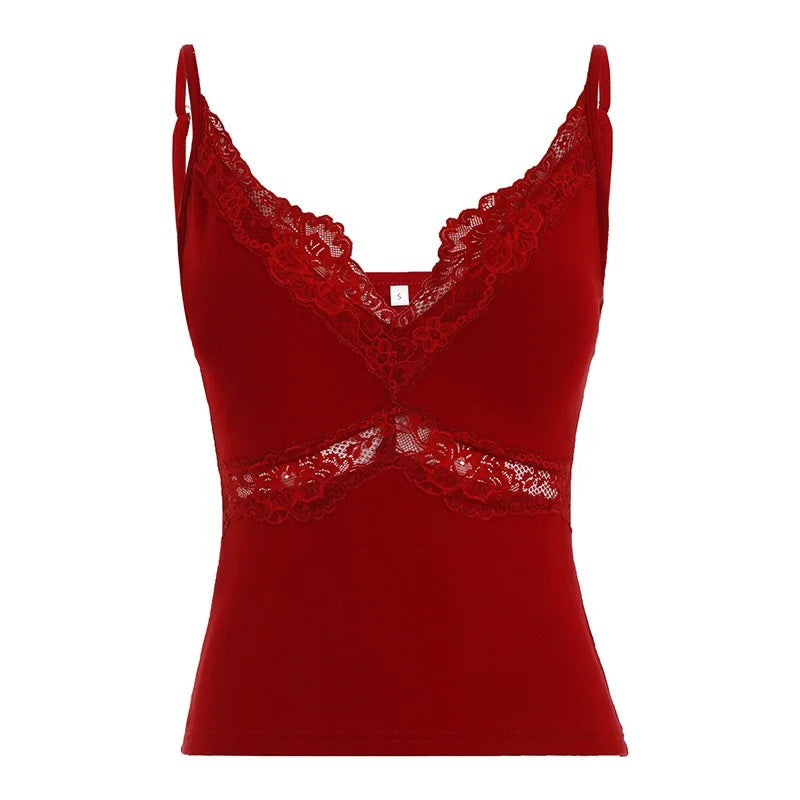 LIZAKOSHT  -  american spice women vintage v neck thin tank top fashion spliced lace hollow out women clothes y2k all match temperament camis