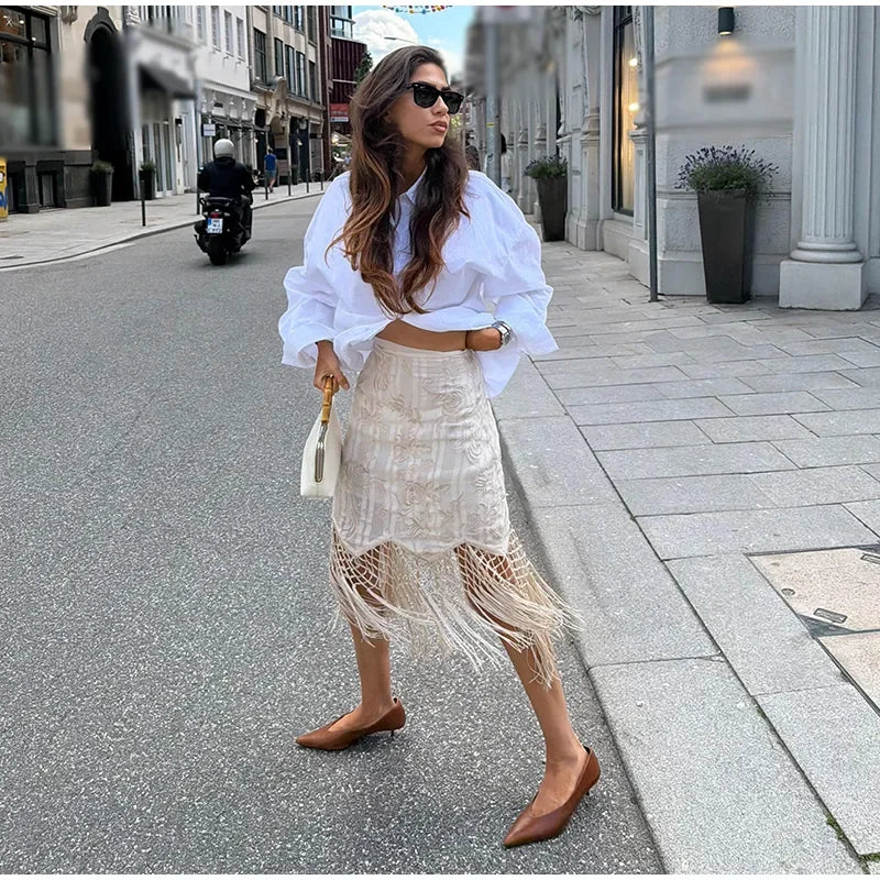 LIZAKOSHT  -  Embroidery Skirt Woman Boho Floral Tassel Midi Skirts Hollow Fishnet Mesh Asymmetric Hem High Waist Summer Wear Woman Clothes