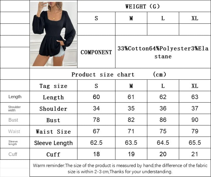 LIZAKOSHT  -  Women's Sexy Square Neck Waist Cinch Top with Twist Texture Long Sleeve Top