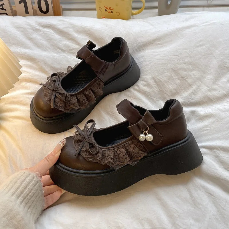 LIZAKOSHT  -  British Style Vintage Women Mary Jane Shoes Concise Butterfly-knot Single Shoes Ladies Height Increase Dress Leather Pumps
