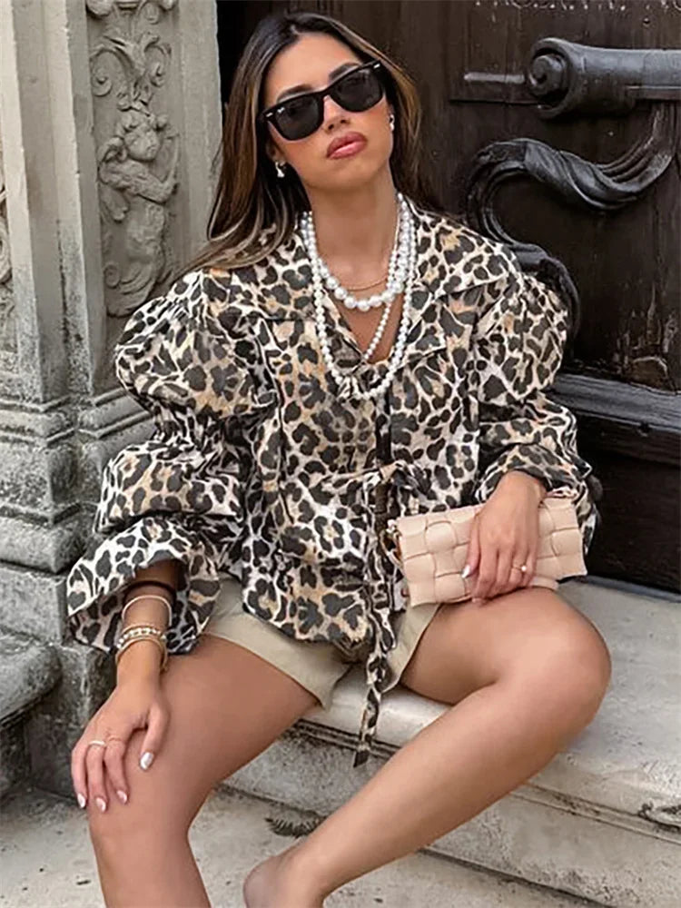 LIZAKOSHT  -  Leopard Fashion Lace-Up T-shirt Women's Printed Sexy Lapel Hollow Out Bandage Hollow Out Top For Women Patchwork Tee Top