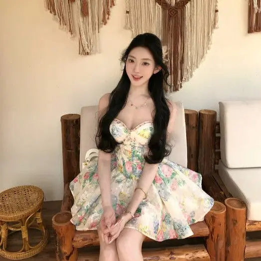 LIZAKOSHT  -  Summer French Coquette Floral Print Mini Dress Women Slim Fit Corset Spaghetti Strap Ruched Flared Hem Party Clubwear Outfit