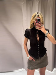LIZAKOSHT  -  Solid Black Ruched Front Tie Blouse Puff Short Sleeve Peplum Hem Spring Romantic Women Chiffon Top Fashion Sweet Lady Shirt