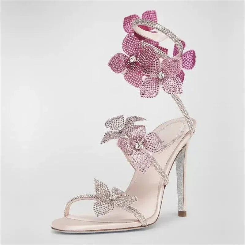 LIZAKOSHT  -  Sexy CRYSTAL Flower Thin High Heels Women Sandals Street Style Narrow Band Ankle Strap Pole Dancing Ladies Shoes