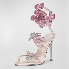 LIZAKOSHT  -  Sexy CRYSTAL Flower Thin High Heels Women Sandals Street Style Narrow Band Ankle Strap Pole Dancing Ladies Shoes