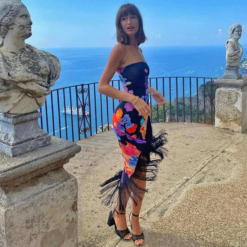 LIZAKOSHT  -  Sexy Floral Print Long Dr Travel oulder Wrap Chest High Waist A-Line Skirt for Women Summer Season No Sve V-Ne Dr
