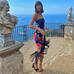 LIZAKOSHT  -  Sexy Floral Print Long Dr Travel oulder Wrap Chest High Waist A-Line Skirt for Women Summer Season No Sve V-Ne Dr