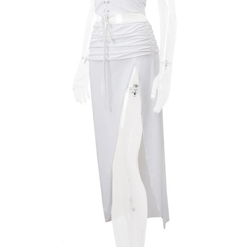 LIZAKOSHT  -  Ruched Long Skirt Women y2k Clothes Solid Color Ruched Waist Side Split Skirt Skirt Summer Party Skirts Streetwear