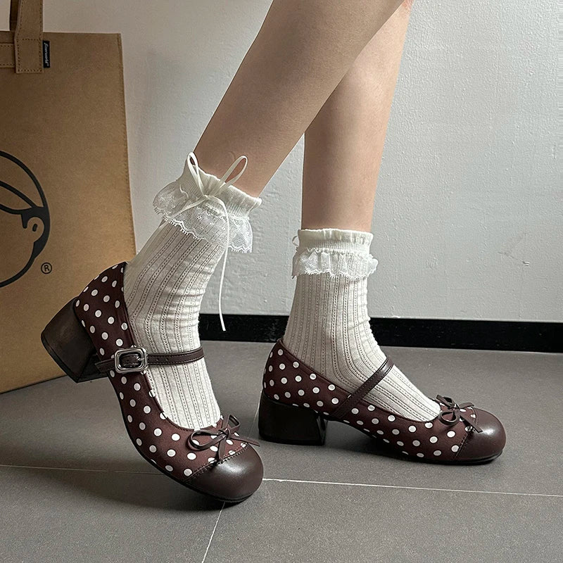 LIZAKOSHT  -  Cute Polka Dot Thick Heel Women Mary Jane Shoes Designer Buckle Strap Pumps Ladies Eelgant Butterfly-knot Dress Single Shoes