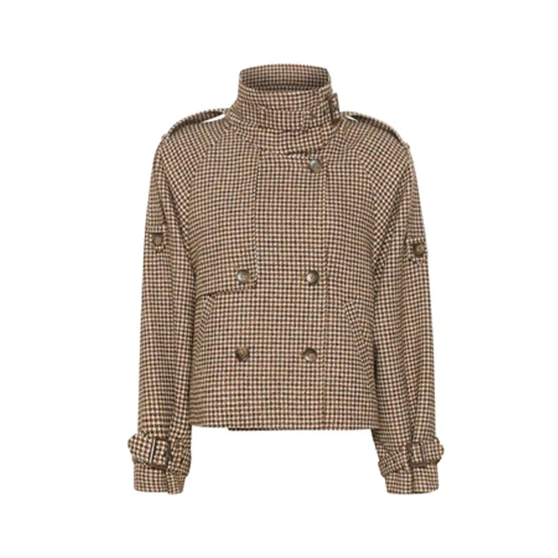 LIZAKOSHT  -  Vintage Women Stand Collar Plaid Coat Long Sleeve Double Button Pockets Thick Cropped Jacket 2025 Autumn Winter Lady Outwear