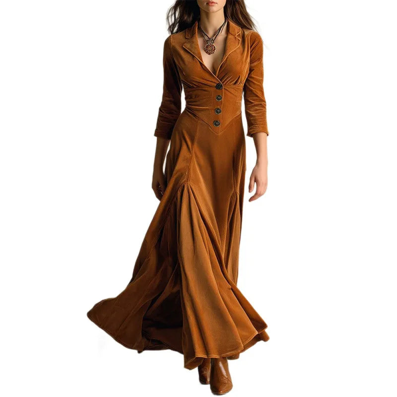 LIZAKOSHT  -  Spring Fall Casual Women Suit Collar Velvet Long Dress New Slim Elegant Office Lady Fashion Solid Velour Dresses