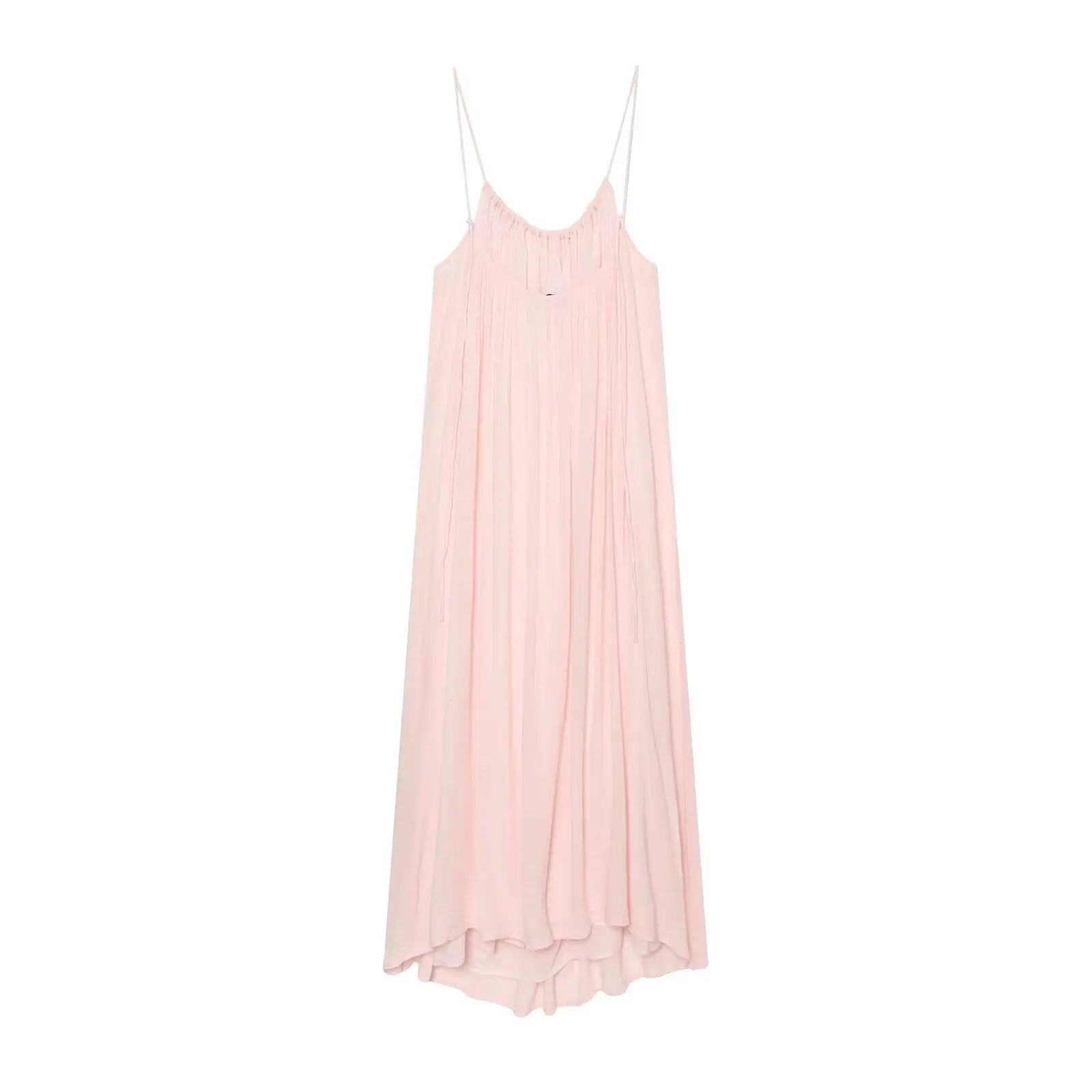 LIZAKOSHT  -  BOHO Women Wrinkled Pink Lacing Up Bow Strap Sling Dress O neck Loose Straight Midi Long Dresses Holiday Summer Sun Robe