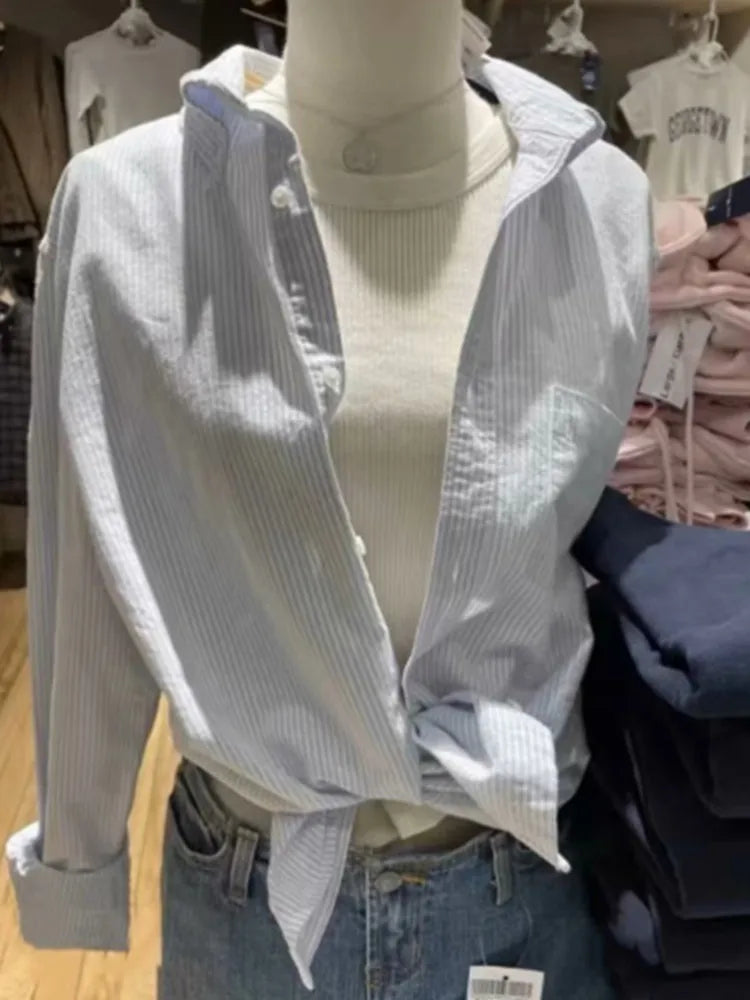 LIZAKOSHT  -  Casual Women Blue Single-breasted Striped Shirts Summer Fashion Ladies Polo Neck With Pocket Shirts Female Loose Shirts