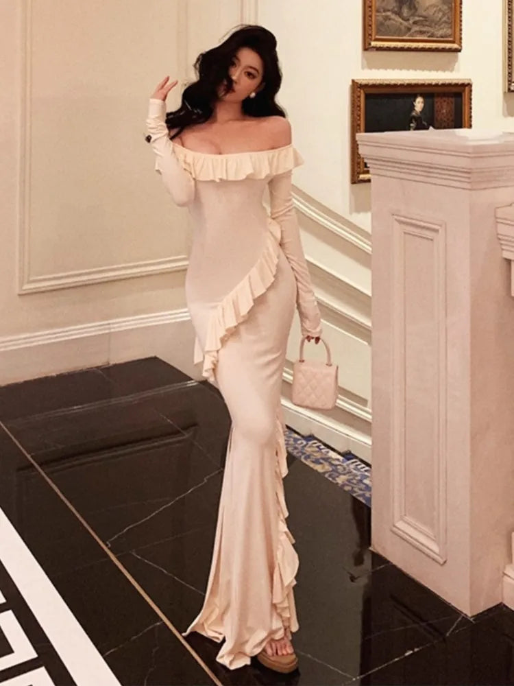 LIZAKOSHT  -  Sexy Bodycon Off Shoulder Long Dresses for Women Solid Ruffles Slim Mermaid Slit Evening Party Bandage Dress Prom Robe Vestidos