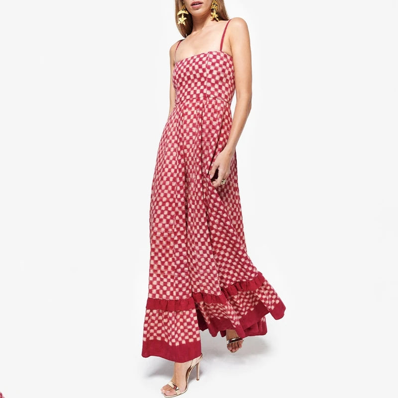 LIZAKOSHT  -  Boho Beach Vintage Plaid A-line Dress Checkerboard Print Ruffles Trim Flowy Dress Women Spaghetti Strap Maxi Dress
