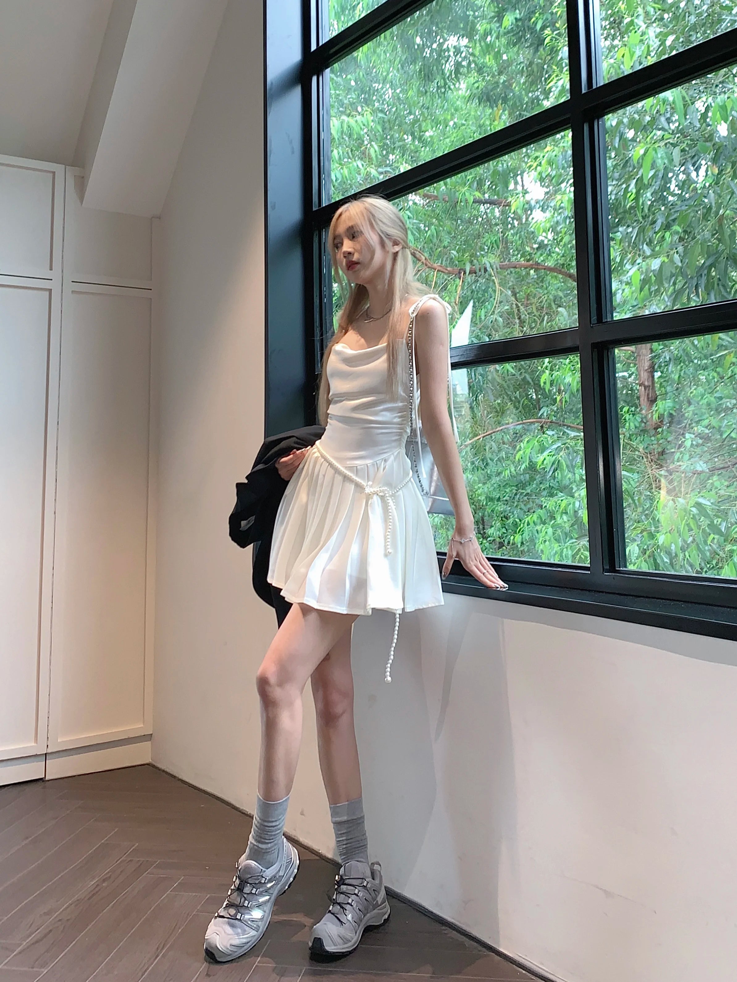 LIZAKOSHT -  White Lace-up Dress Women Sleeveless France Sweet Party Midi Dress Female Korean Style Casual Dress Summer Y2K