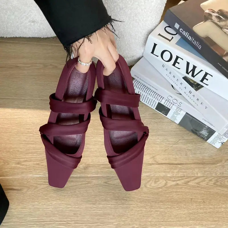 LIZAKOSHT -  Shoes for Woman with Straps Red Women's Summer Footwear Evening Flats Square Toe Low Heel Elegant Flat Y2k Korean Style A E
