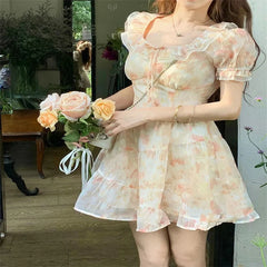 LIZAKOSHT  -  Summer Sweet Floral Chiffon Dress Vintage Fairy Square Collar Puff Sleeve Dress Sundress Princess Mini Holiday Dress Vestido