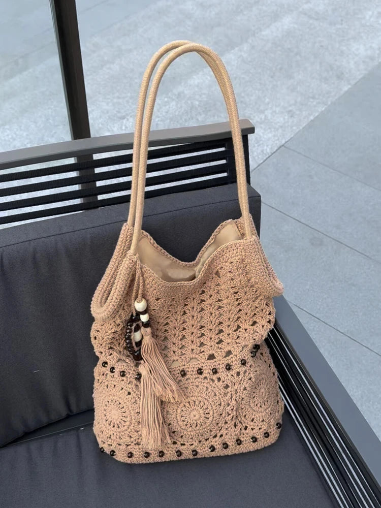 LIZAKOSHT  -  Fashion Women's Handbag with Wooden Bead Tassel One Shoulder Bag Cotton Woven Design Zipper Closure Totes