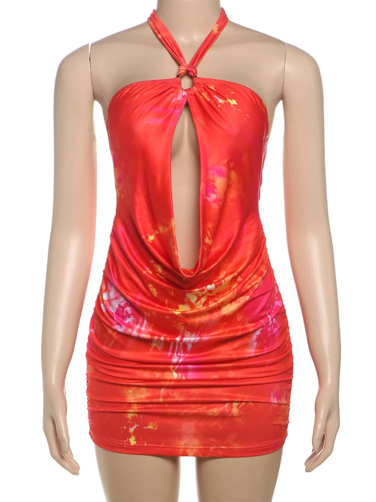 LIZAKOSHT  -  Sexy Halter Women Mini Dress Coquette Hot Swinging Neck Cleavage Backless Bodycon Female Stunning Tie Dye Festival Frock