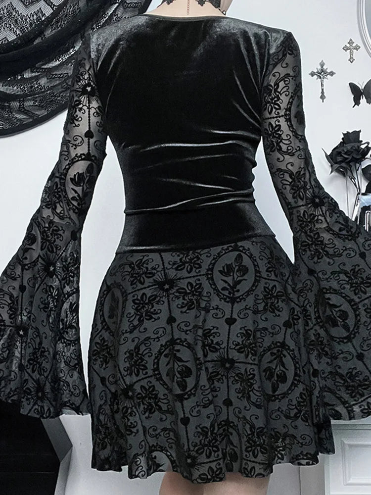 Lizakosht Harajuku Women's Vintage Gothic Long Sleeve Ruffle Mini Dress V Neck Velvet Stretchy Bodycon Cocktail Dresses Victorian Blouse