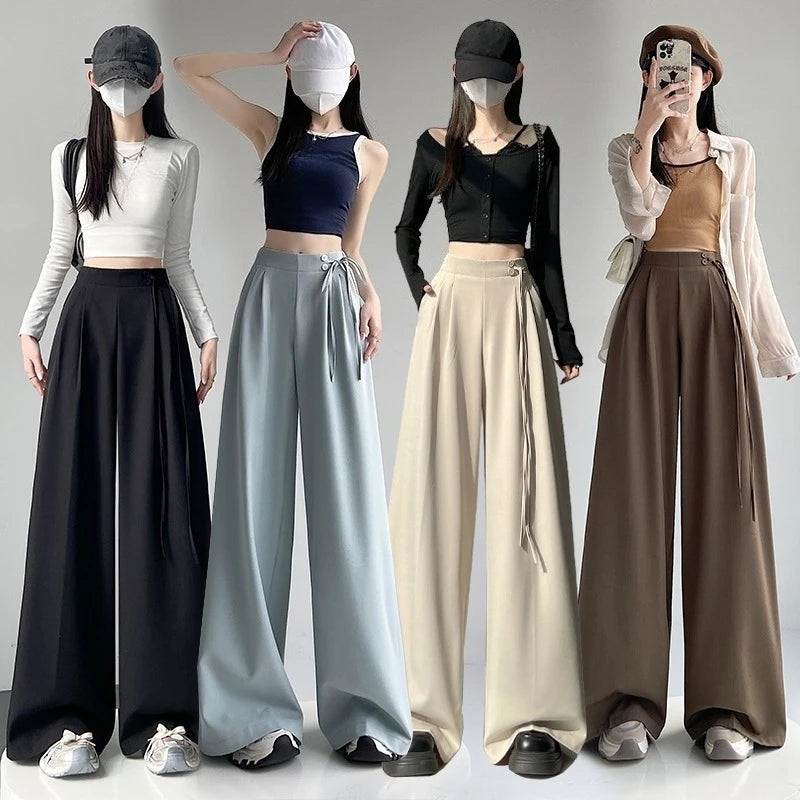 LIZAKOSHT  -  New Spring Summer Buttons High Waist Wide Leg Pants for Women High Waist Lace-up Straight Loose Full Length Trousers Female