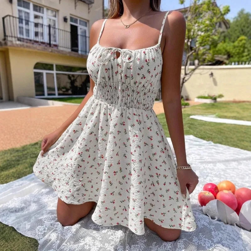 LIZAKOSHT  -  Women's Clothing Summer Floral Front Knotted Waist-cinching Suspender Dress Fresh Sweet Floral