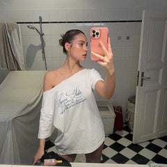 LIZAKOSHT  -  Letter Print Graphic T Shirts White Oversized One Shoulder Tops Womens Summer Fashion Clothing Trends 2025