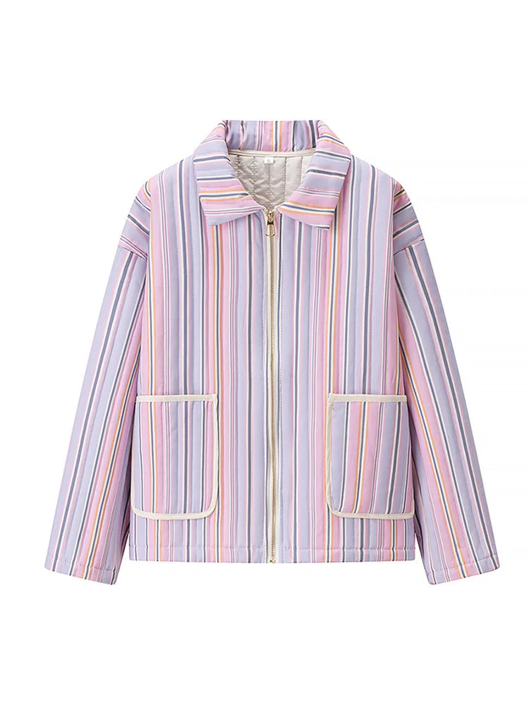 LIZAKOSHT  -  Chic Colorful Striped Lapel Collar Jacket Women Full Sleeve Zipper Patch Pockets Coat 2025 Autumn Female Chic Casual Outerwear