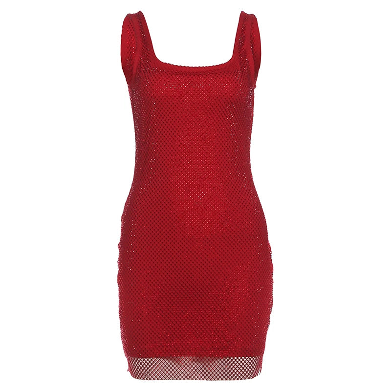 LIZAKOSHT  -  Square Collar Dress Women Sexy Sleeveless Christmas Shiny Thread Patchwork Wild Hottie Party Club Peach Hip Mini Bodycon