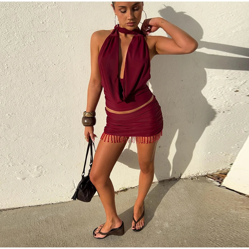 LIZAKOSHT  -  Sexy Halter Low Cut Top Tassel Skirt Set Lady Chic Street Solid Pleated Tops Slim Mini Skirts Sets Women Summer Retro Outfits