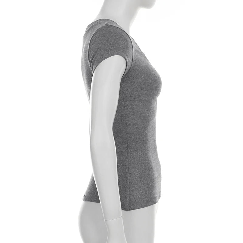 LIZAKOSHT  -  Casual Grey V-neck Crop Top Women Basic Skinny Short Sleeve Knitted T-shirts for Summer y2k Vintage Harajuku Tees Retro