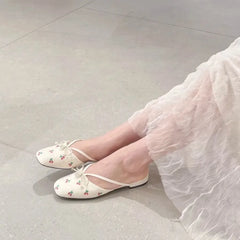 LIZAKOSHT  -  Sliver leather bowtie slippers women Square Toe flower embroider sandals low heel outdoor summer pantuflas mujer big size 43