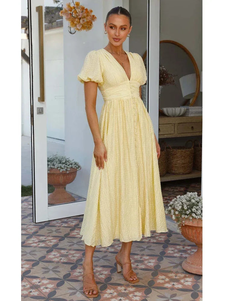 Lizakosht V-neck Yellow Puff Sleeve Split Solid Summer Women Dress 2024 A-line Maxi Long Sundress Vestido Button Beach Dress Party