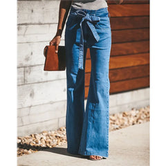 LIZAKOSHT  -  Blue Tie Waist Flare Jeans Women Slim Denim Trousers Vintage Clothes spring High  Pants Belted Stretchy Wide Leg