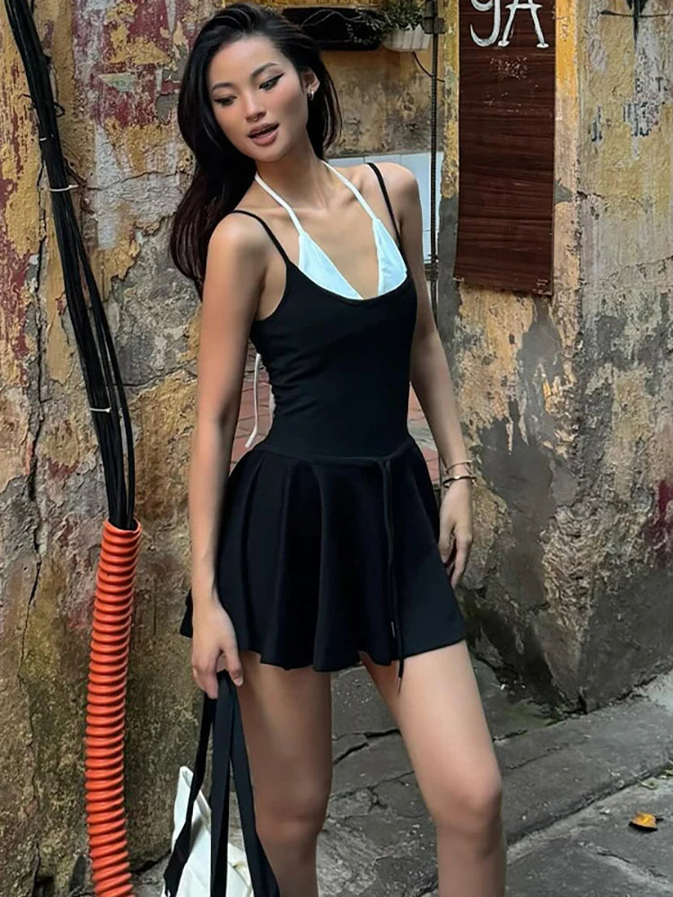 LIZAKOSHT  -  Sexy Backless Women Fake Two Piece Sets Black Spaghetti Strap V-neck Dress Female Summer Skinny Elegant Streetwear