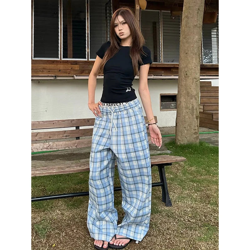 LIZAKOSHT  -  Women High Waist Y2k Loose Straight Leg Pants Lady Korean Harajuku Baggy Wide Leg Trousers Female Casual Grunge  Plaid Slacks