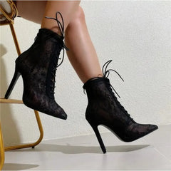 LIZAKOSHT  -  New Black Mature Mesh Women Boots High Heel Pumps Floral Lace-Up Thin High Heels Ankle Pointed Toed Party Wedding Shoes