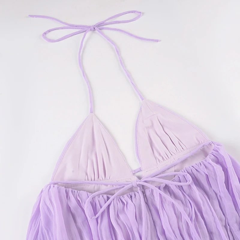 LIZAKOSHT  -  Purple Chiffon Backless Sleeveless Sundress Elegant  Sexy Deep V Neck A-line Mini Dress Summer Beach Vacation Outfits