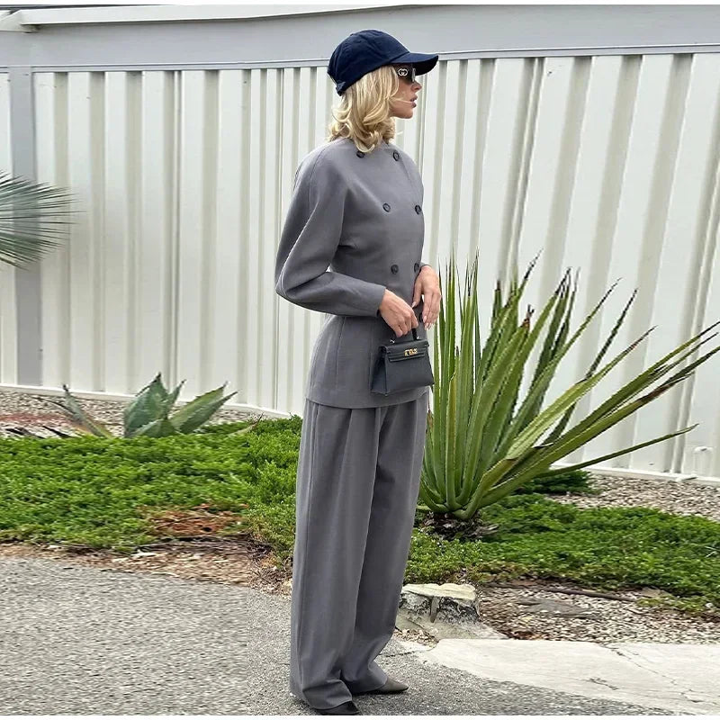 LIZAKOSHT  -  Retro Double Breasted Jacket Long Pant Set Lady Elegant Gray Waist-cinching Jackets Straight Pants Sets Women New Chic Steetwear