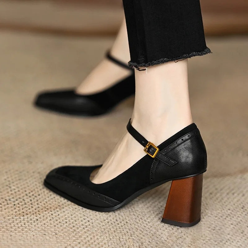 LIZAKOSHT  -  New Fashion French Style Women's  Shoes Square Toe Chunky Heel Thick Sole Buckle Slip-On Pumps Vintage Sandals for Ladies