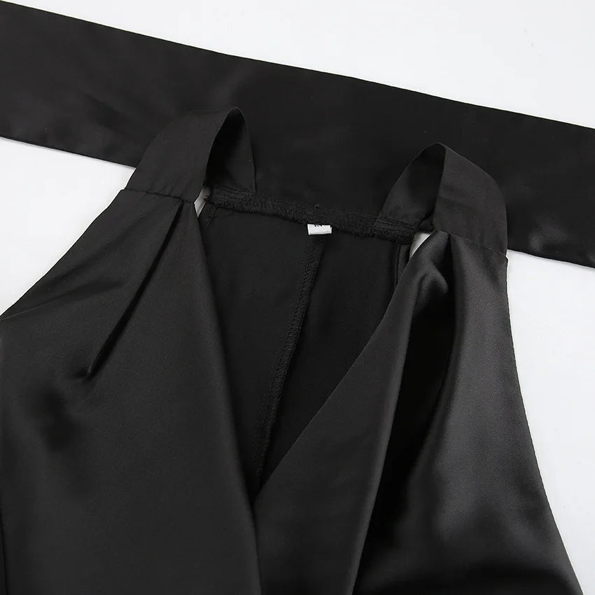 LIZAKOSHT  -  Black Satin Slit Neck Sleeveless Dress Matte Soft Bodycon Long Dress, Off Shoulder Zipper Tie Belt Elegant Party Gown