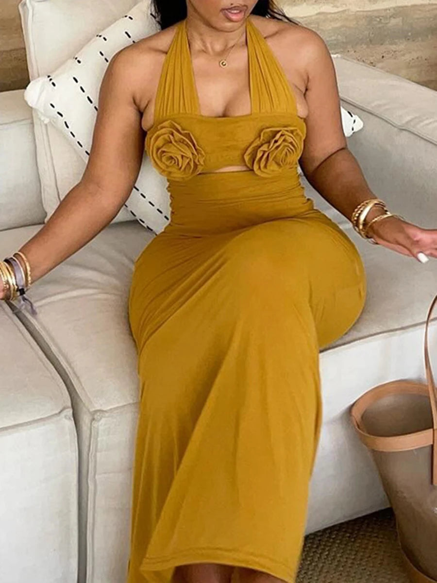 LIZAKOSHT  -  Solid Spliced Appliques Slimming Backless Dresses for Women Halter Sleeveless High Waist Temperament Dress Female Fashion