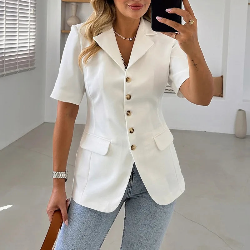 LIZAKOSHT  -  Single Breasted Short Sleeves Suit Jacket Woman Solid Color Slim Casual Coat Commuting Street Versatile Women's Fashion Jackets