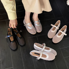 LIZAKOSHT  -  Round Toe Mesh Women Flat Shoes Fashion Summer NEW Breathable Buckle Strap Ladies Footwear Soft Flat Heel Mary Jane Sandals